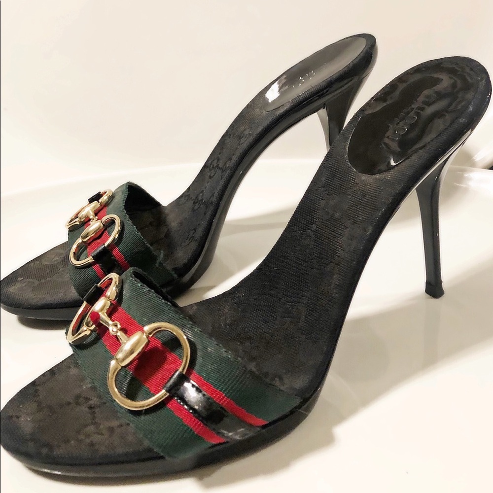 AUTHENTIC GUCCI GG LOGO CANVAS HORSEBIT SLIDES